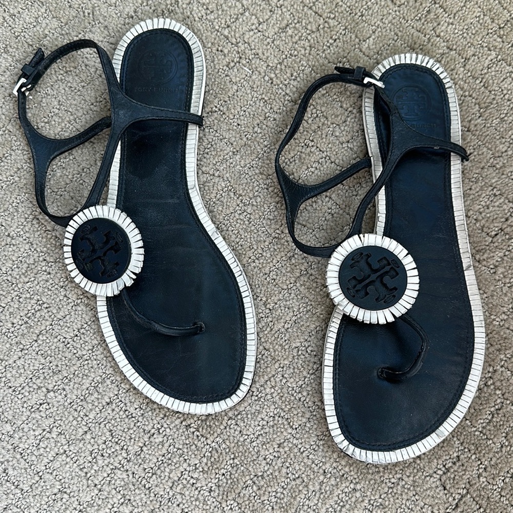 Tory Burch Leather Black Sandals with White Floral Detail Size 8